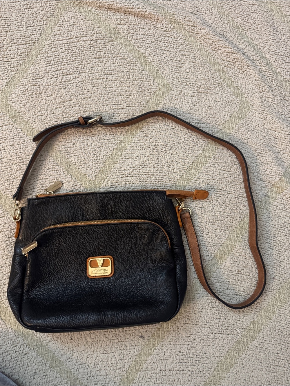 Valentino Black Leather Crossbody with Tan Strap and Gold Hardware